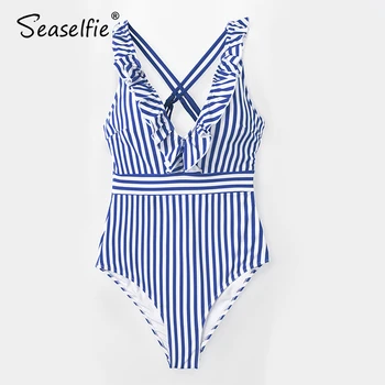 SEASELFIE Sexy Modré A Biele Prúžok Rozstrapatené tvaru Otvorte Zadný jednodielne Plavky Ženy Monokiny 2021 Pláž, Kúpanie Oblek Plavky