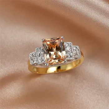 Luxusné Žena Šampanské Crystal Kamenný Kruh Roztomilý Zlatá Farba Snubné Prstene Pre Ženy Boho Námestie Zásnubný Prsteň