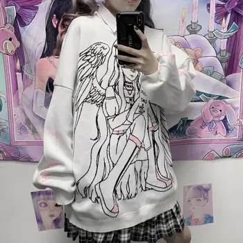Japonské kreslené pletený sveter Zimné ženy Vintage plus veľkosť voľné módne bežné punk Harajuku nadrozmerné anime ženy sveter