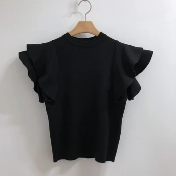 2020 Kórejský Módne Oblečenie Letné Volánikmi Krátky Rukáv Ženy Tričko Pletené Vrchné Tričká Dámske Biele Čierne Slim Elegantné Tričko