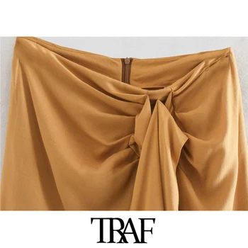 TRAF Ženy Módy S Strapec Uzol Detail Mini Sukne Vintage Vysoký Pás Späť na Zips Ženské Sukne Mujer
