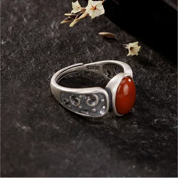 Uglyless Reálne 925 Sterling Silver Etnických Prst Prstene pre Ženy Thai Striebro Vína Otvoriť Krúžok Vintage Oválne Achát Jemné Šperky