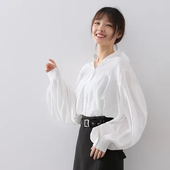 2019 jeseň nové retro svietidla rukáv dizajn, blúzky, kórejská verzia voľné tenké lístkového rukáv tričko žena dlhý rukáv