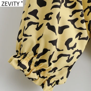 Zevity 2021 Ženy Vintage Námestie Golier Leopard Tlač Elastické Halena Blúzka Žena Lístkového Rukáv Tričko Slim Elegantné Blusas Topy LS7646