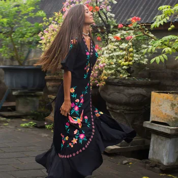 TEELYNN boho dlhé šaty vintage čierna kvetinové výšivky sundress svetlice rukávom letné šaty bavlna zábal ženy šaty vestido