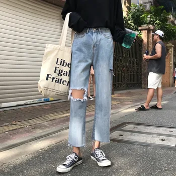 Kórejský Vysoký Pás Džínsy Ženy Pevné Otvor Hárem Nohavice Voľné Bežné Plus Veľkosť High Street Džínsové Nohavice Pantalon Femme S Pásom