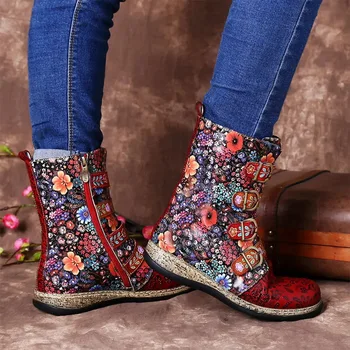 Litthing 2020 Nové dámske Topánky Móda, Topánky Kožené Drobné Kvety Vzor Šitie na Zips, Ploché Topánky Pohodlné Krátke Topánky