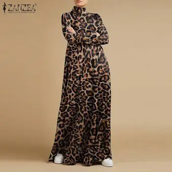 Móda Elegantné Leopard Vytlačené Dlhé Šaty Žien Neforemné Vintage Sundress ZANZEA Bežné Turtleneck Celý Rukáv Vestidos Župan 5XL