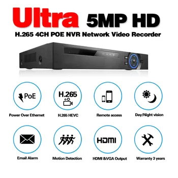 H. 265 NVR Poe 48V 1080P 5MP HDMI HD Sieťový Video Rekordér Pre IP Kamery P2P Detekcia Pohybu Prístup Cctv Nvr Záznamník 4ch