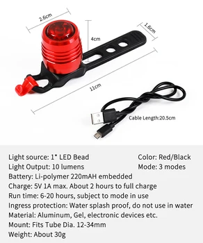 ZÁPAD CYKLISTIKA Bicykel Zadné Svetlo s USB Nabíjateľné 3-Režim Bezpečnostné Upozornenie Bicykli Lampa Zliatiny Červené, Biele Svetlo, Farbu, jazda na Bicykli zadné svetlo
