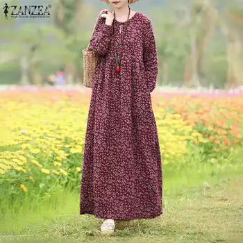 Móda Kvetinové Šaty dámske Jarné Sundress 2021 ZANZEA Bežné Dlhý Rukáv Maxi Vestidos Žena Duté Tlačené Šaty Plus Veľkosť