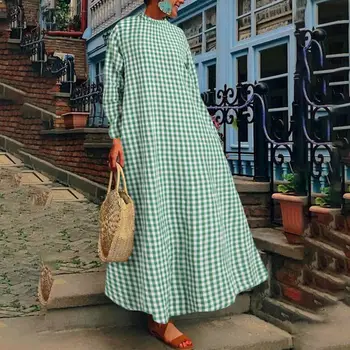 Vintage Skontrolujte Maxi Šaty dámske Jarné Sundress ZANZEA 2021 Bežné Dlhý Rukáv Vestidos Žena Turtleneck Župan Femme Plus Veľkosť