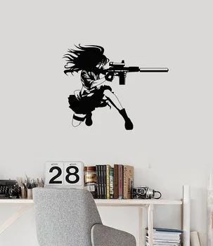 Vinyl na stenu nášivka anime, manga dievča s pištole, vojenské umenie teen izba nálepky nástenná maľba, domov obývacia izba dekorácie QC21