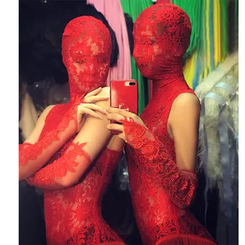 Sexy Červené Čipky Dlhé Strapce Šaty Vidieť cez Oblečenie Hľadiska Výkonu Tanečné Nosiť Valentína Club Bar DJ Kostým