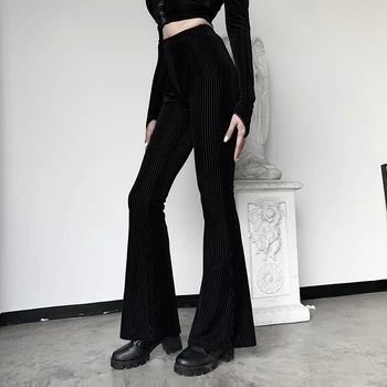 InstaHot Black Velvet Prúžok Obličkového Nohavice Vysoký Pás Elastické 5%Spandex Leginy Bežné Nohavíc Jeseň Elegantné Nohavice Ženy Capris
