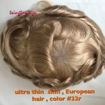 Tsingtaowigs , ultra tenkú kožu mužov Toupee 0.02-0.04 mm ,náhradné vlasy , farba 22R Európske remy vlasy mentoupee ping