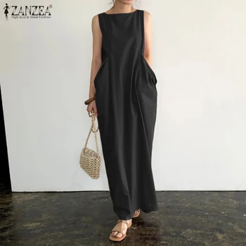 ZANZEA 2021 Elegantné Pevné Maxi Šaty dámske Letné Sundress Príležitostné bez Rukávov sarafans Vestidos Žena Plážové Oblečenie Plus Veľkosť