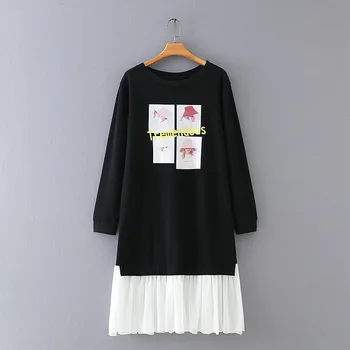 Nové dámske jesenné zimné plus veľkosť midi šaty pre ženy, veľký, dlhý rukáv voľné bavlna čiernej tlače skladaný šaty 3XL 4XL 5XL