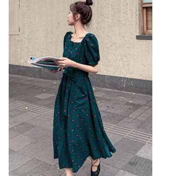 2020 Letné Šaty Vintage Ženy Voľné Šaty Zelenej Farby Dámy Vestidos Dot Tlače Župan Námestie Vrecká Značky Šaty Plus Veľkosť 4X