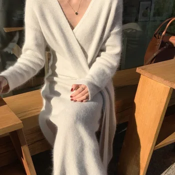 WAVSIYIER vintage šaty, sveter pevný biely šedý pás vzletovej strany klubu jumper šaty midi žena kórejský hrubé pletené pulóvre ve