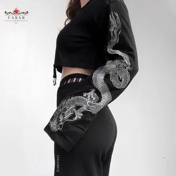 Dámske Pulóvre Harajuku Dlhý Rukáv pre Ženy Hoodies Voľné Krátke Topy Dragon Tlače Čierna Jeseň Príležitostné Voľné Streetwear
