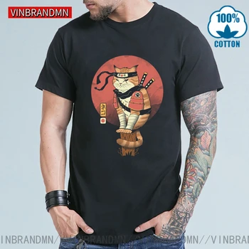 Vinbrandmn Pohode Samuraj Cat T-shirt Camisa Anime Vtipné Mačku Sushi Chef T shirt pre mužov Humor Ninja Cat T-shirt Ninjitsu tee tričko