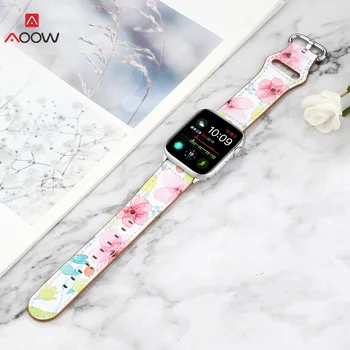 AOOW 44 mm 40 mm Maľované Kvetinový Vytlačené Kožené Watchband pre Apple Hodinky Remienok 42 38 mm Kvetinový Náramok na Zápästí pre iwatch 5 4 3 2