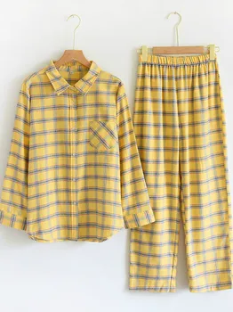 Žltá Koberčeky Pyžamo Japonské Kimono Yukata Bavlna, Flanel na Jar A na Jeseň Muži Ženy Cardigan Dlhým rukávom Home Service Oblek