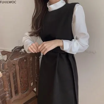 Hot Predaj Kórejský Japonskom Štýle Ženy Preppy Dievčatá Bez Rukávov Dátum Fenimine Lady Vestidos Farbou Pás Malé Čierne Šaty N166