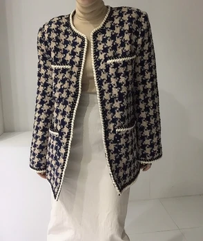 Kórejský Vintage Houndstooth Tweed Kabát Jacekt Ženy 2021 O-krku-Belted Vrecká Topy Elegantné Módne Dámy Kabát Femme