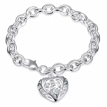 Vysoká Kvalita 925 pečiatkou strieborné pozlátené šperky náramok jemné módne duté srdce prívesok Strieborné náramky pulseira feminina