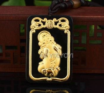 Prírodné Tmavo Zelená Hetian Jade + pevné Zlata, Vykladané Čínsky Amulet FU PiXiu Požehnanie Prívesok + Náhrdelník Certifikát Jemné Šperky