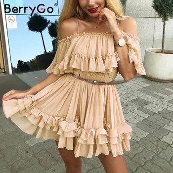 BerryGo Ženy šaty prehrabať skladaný šifón šaty letné Vypnutie ramenný čipky mini šaty dámske Holiday beach voľné mini šaty