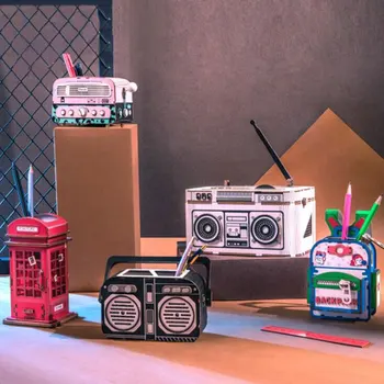 Kreatívne 3D Drevené Puzzle Telefónne Búdky Model Budovy Súpravy Penholder DIY Hračka pre Dieťa Dospelých Nový Príchod