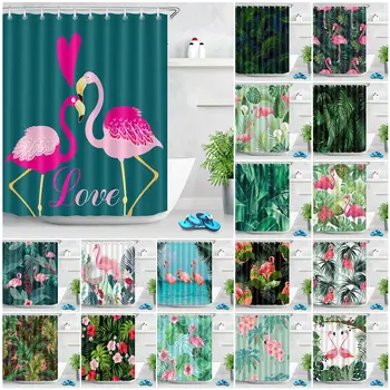 Zelenej Listovej Sprchový Záves Sady Tropické Palmové Listy, Kvety Flamingo Kúpeľňa Decor Nepremokavé tkaniny Tkaniny, Vaňa Záclony s Háčikmi