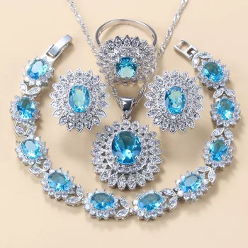 Najlepšie Predaj Nového Produktu 925 Silver Kvetinové Šperky Sady Sky Blue (CZ Kryštálmi Klip Náušnice, Prsteň Náramok, Náhrdelník Sady Pre Ženy